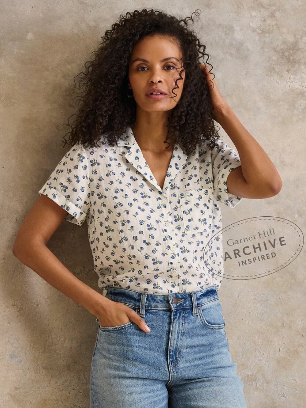 Garnet Hill Easy Linen Short-Sleeve Shirt in Blueberries Size 0
